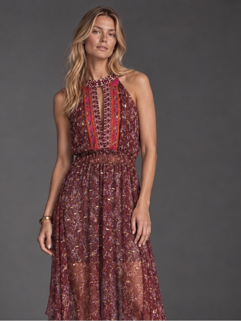 Free People Burgundy Metallic Floral Halter Maxi Dress L